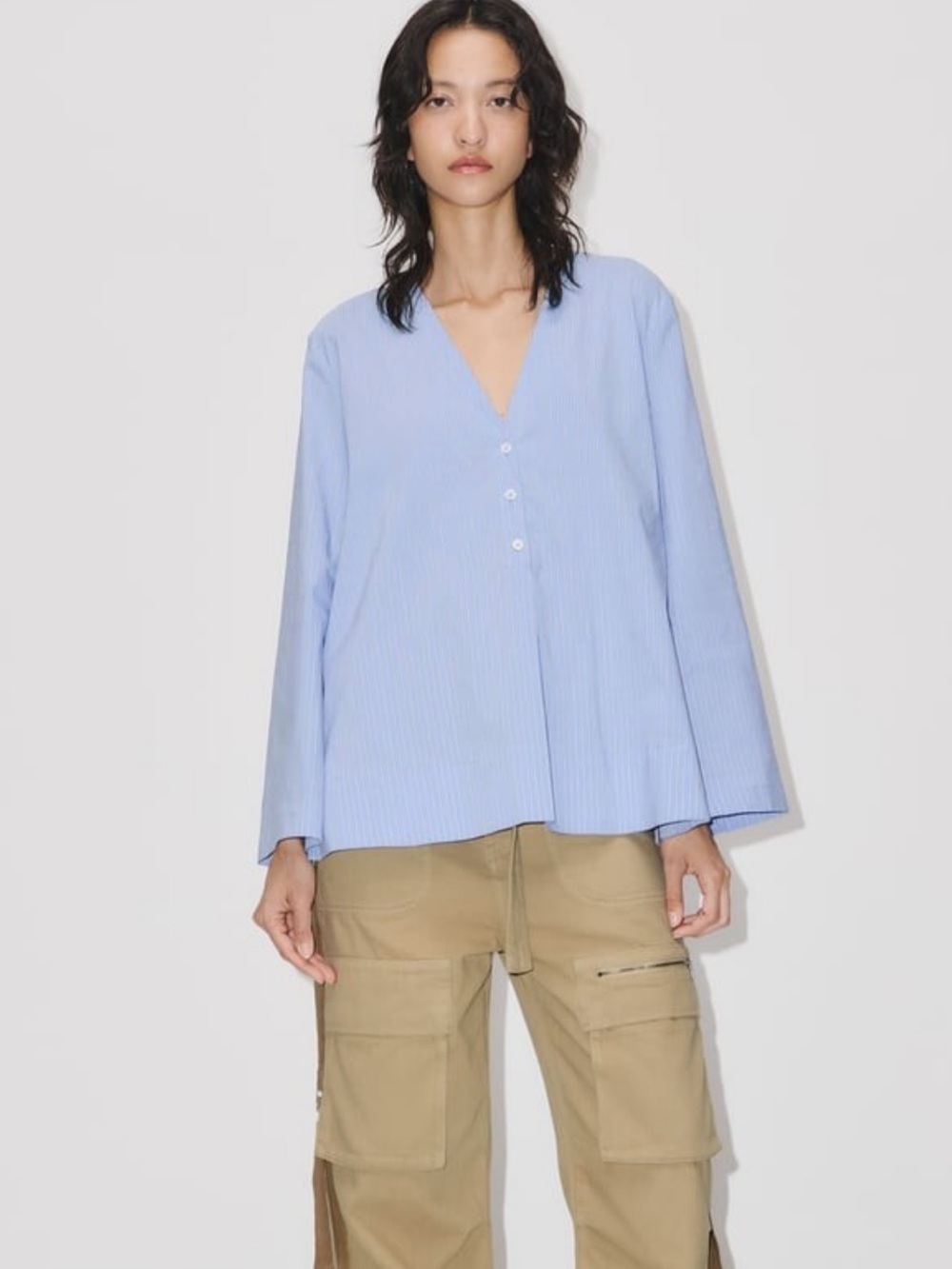 Zara Light Blue V-Neck Button Down Shirt